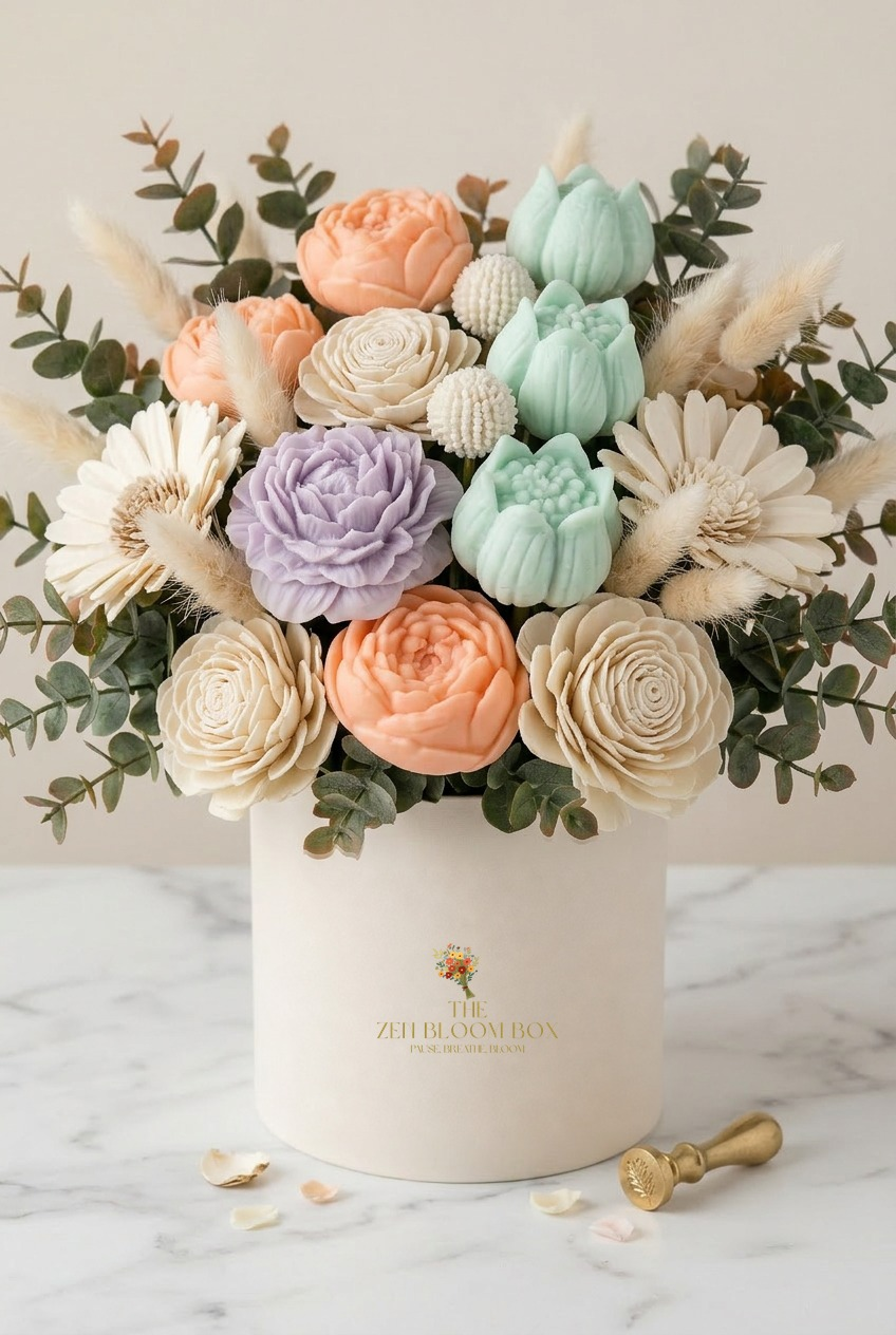 A pastel Zen Bloom bouquet on a soft cream surface