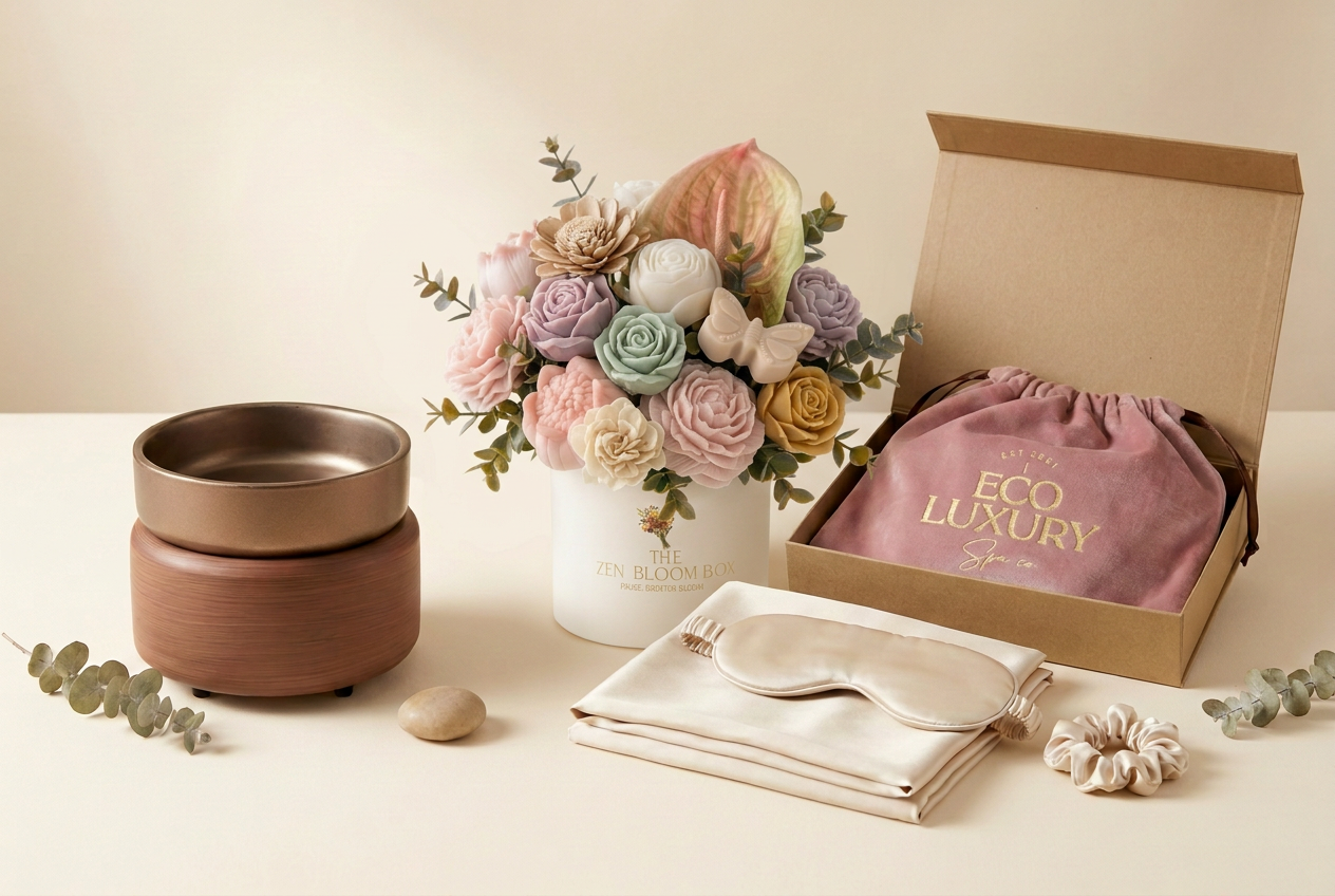 Zen Bloom wax melt bouquet, electric wax warmer and silk set with a sleep mask on the folded pillowcase