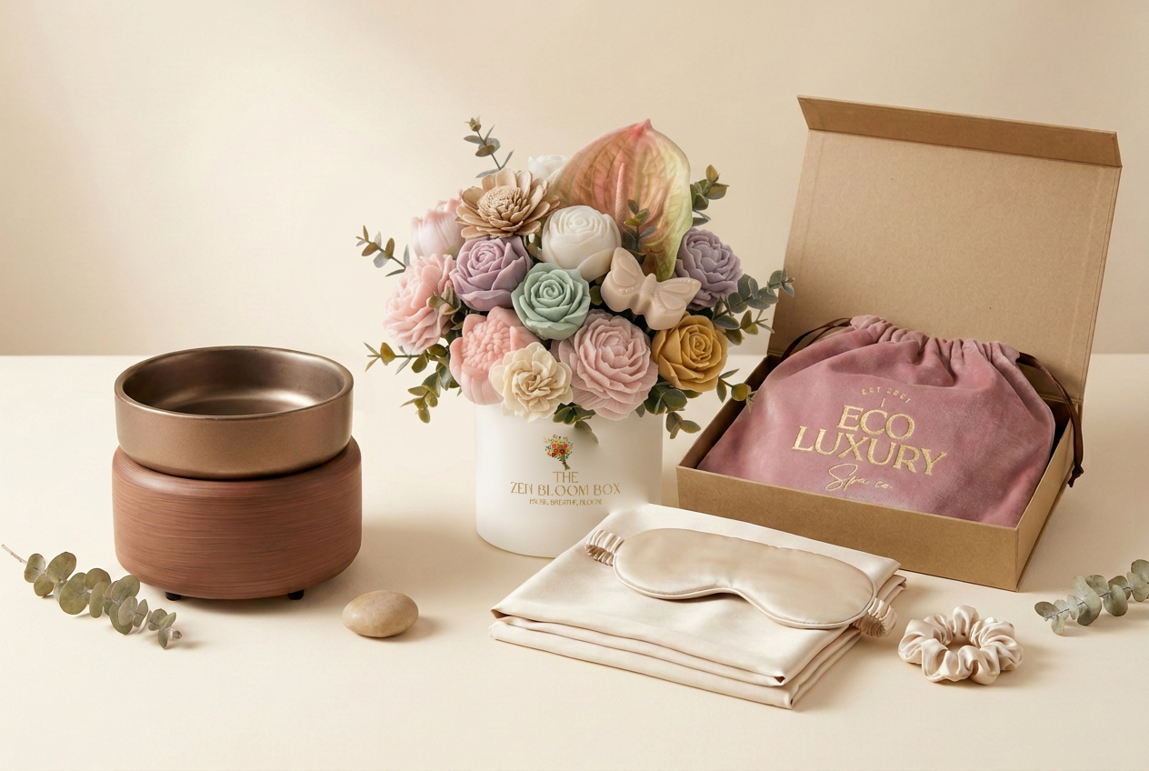 Zen Bloom wax melt bouquet, electric wax warmer and silk set with a sleep mask on the folded pillowcase