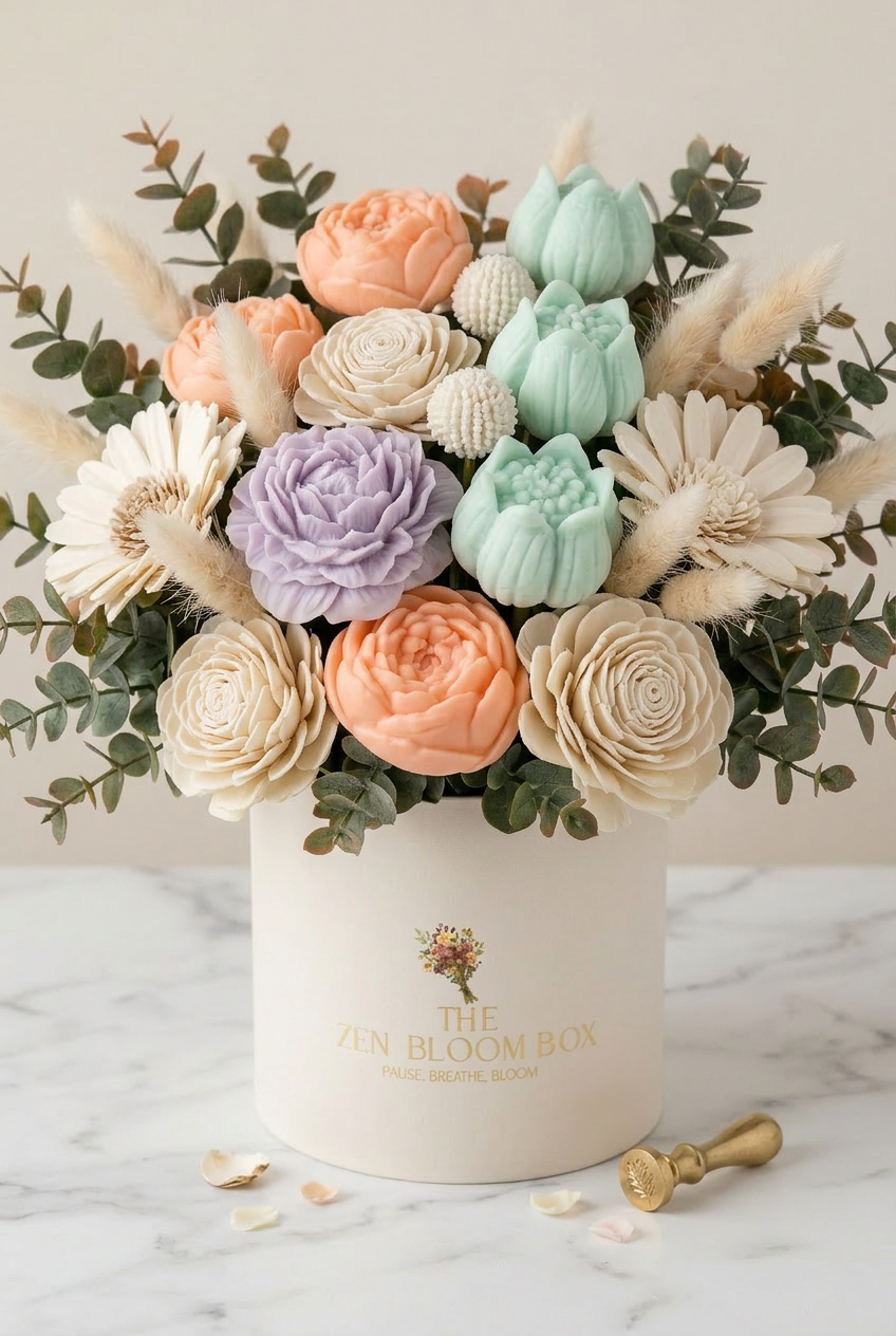 A pastel Zen Bloom bouquet on a soft cream surface