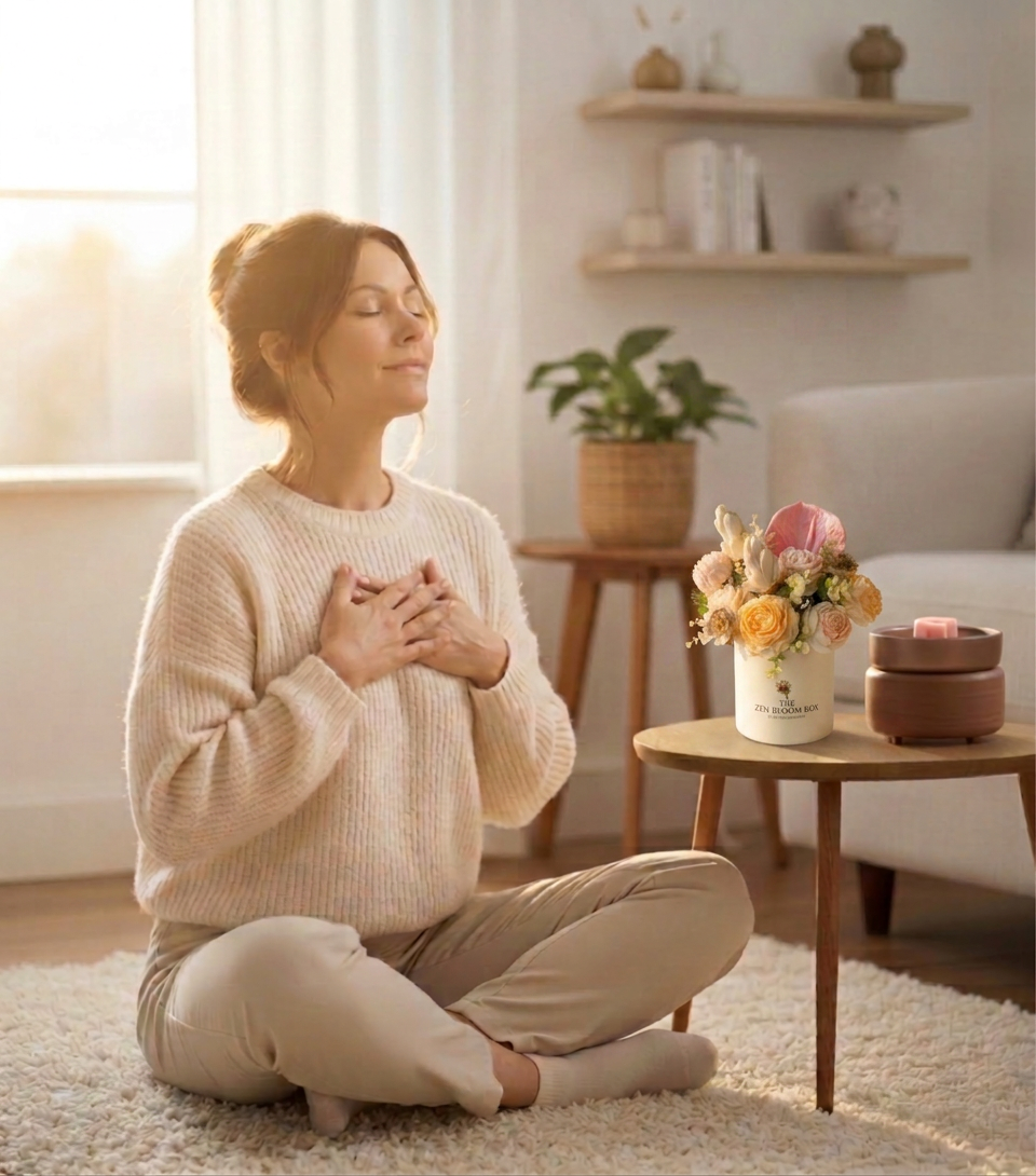 A woman in a soft cream sweater meditating beside her Zen Bloom Box bouquet and warmer