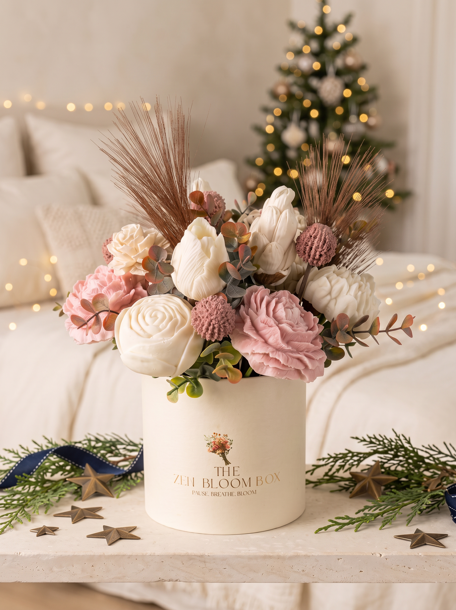 Zen Bloom bouquet in a cream Christmas bedroom