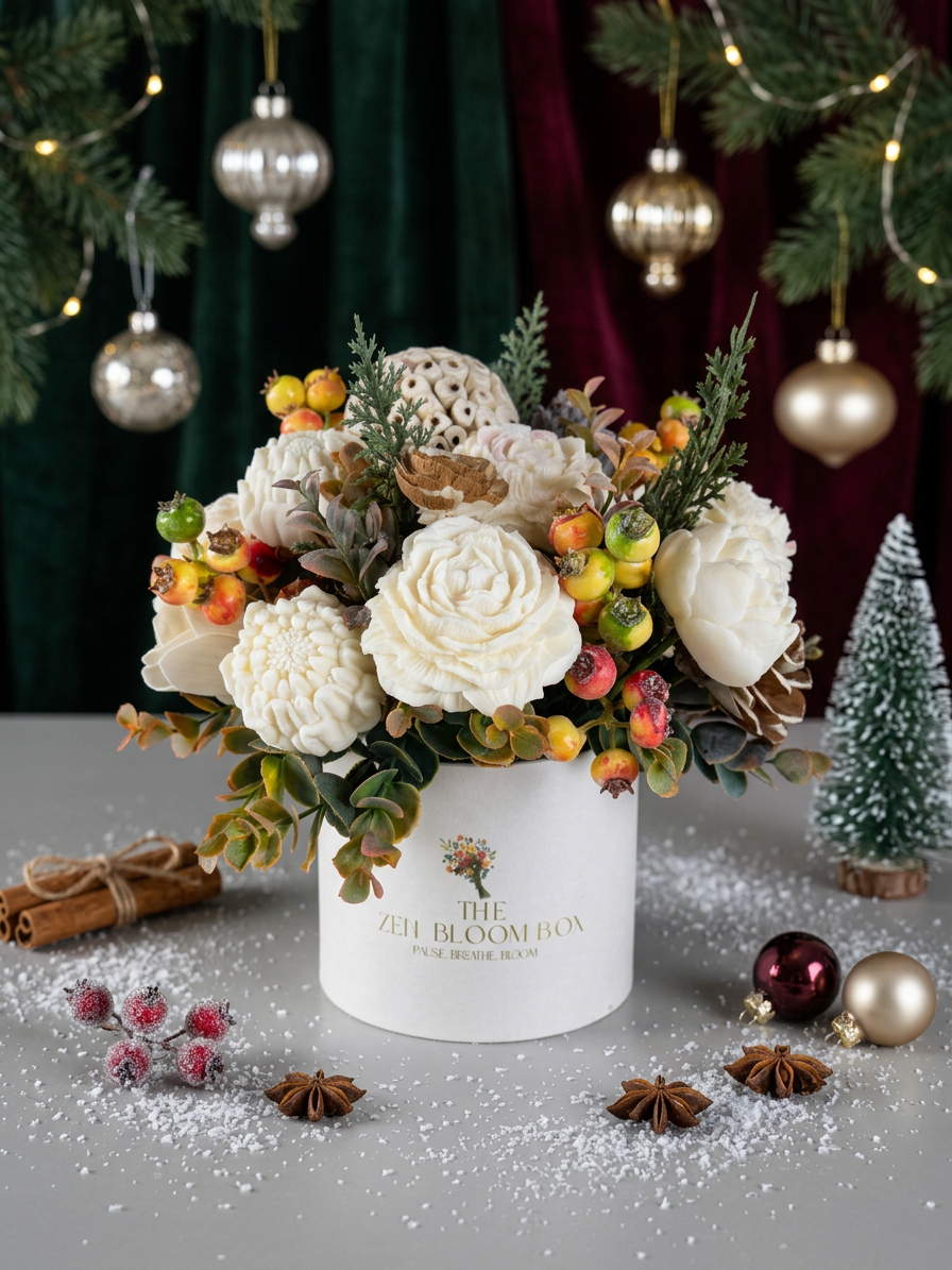 Zen Bloom Christmas bouquet against green and burgundy velvet with cinnamon and star anise