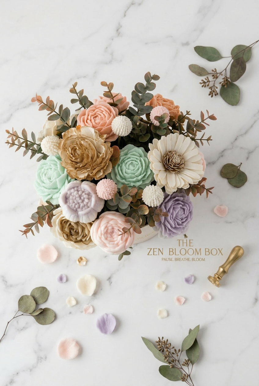 An editorial flatlay of bouquet, candle and curated extras