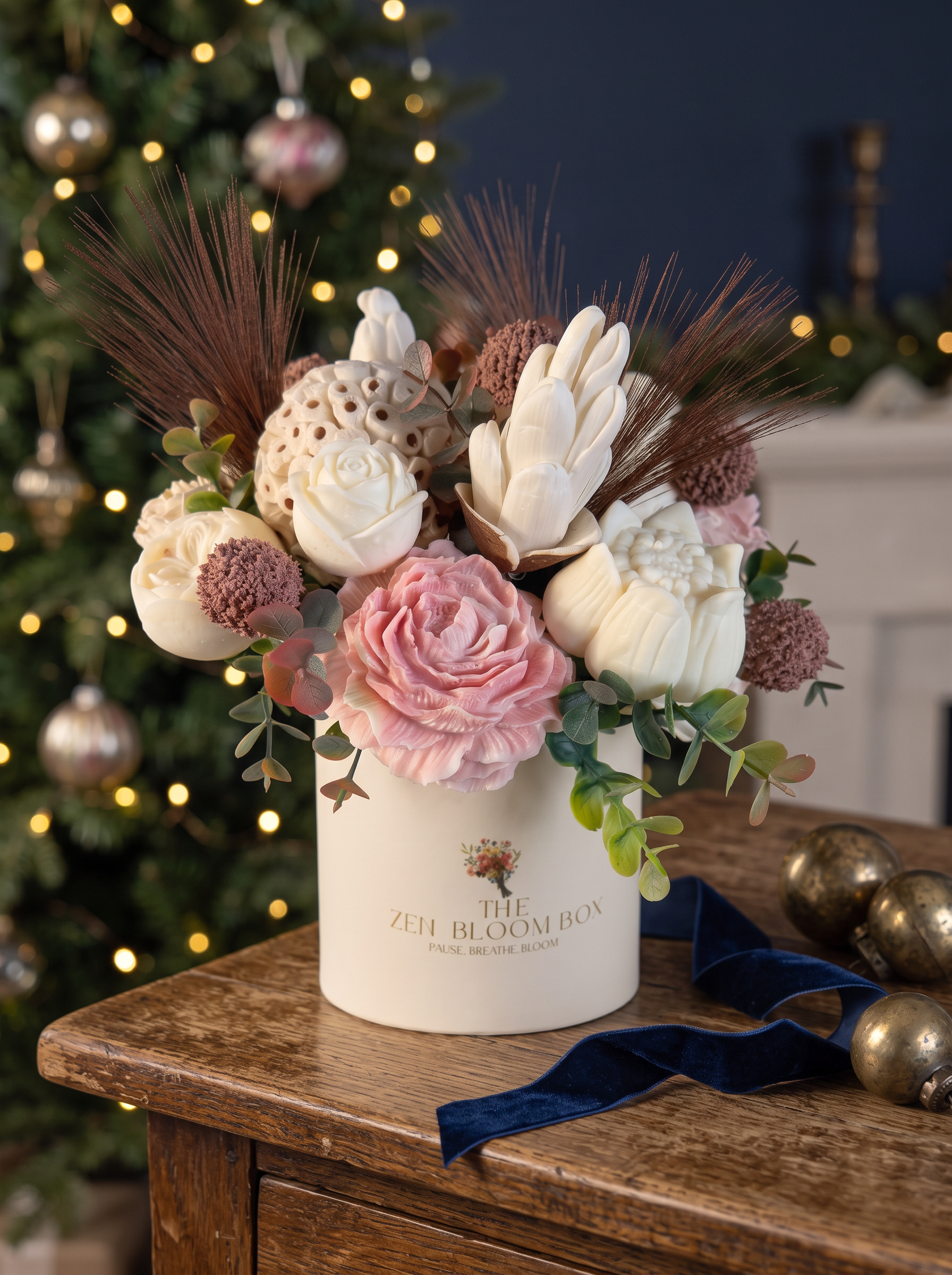 Zen Bloom bouquet on a Christmas entry table